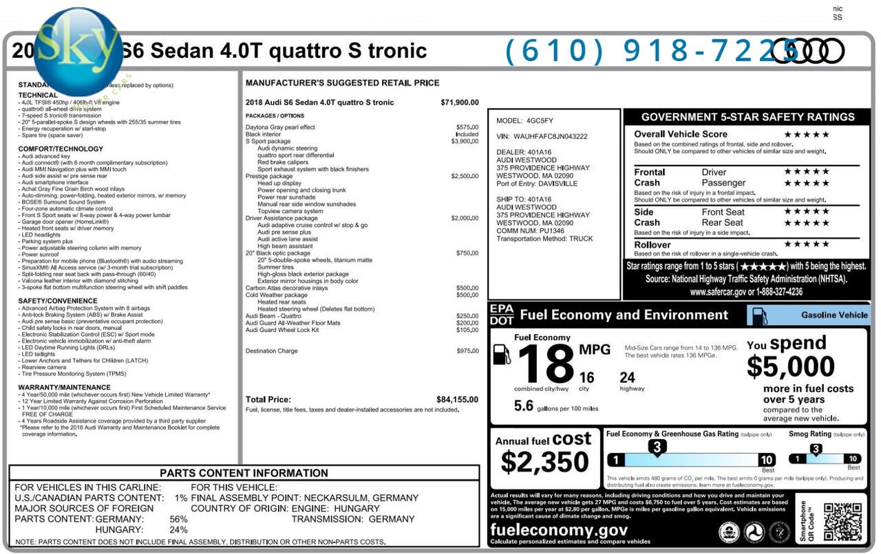 2018 Audi S6 Prestige Quattro AWD