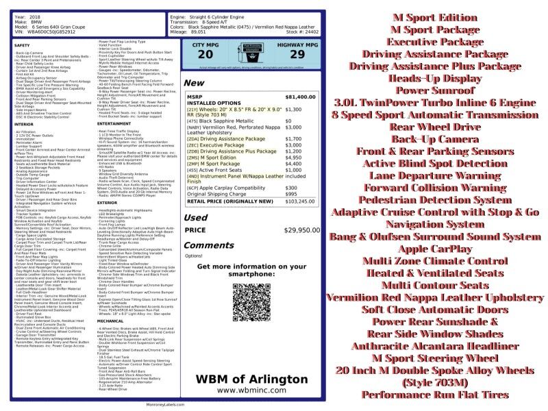 2018 BMW 6 Series 640i Gran Coupe RWD w/ M Sport Package