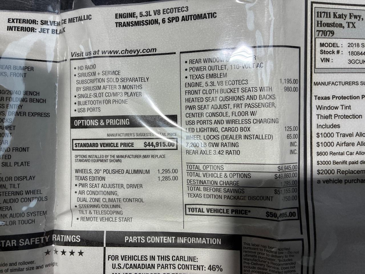 2018 Chevrolet Silverado 1500 LT, 4x4, 5.3L V8, Bucket Seats, Texas Edition, Leveling Kit Houston TX