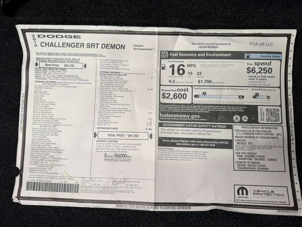 2018 Dodge Challenger SRT Demon Torred paint, Laguna leather/alcantara interior, harman/kardon audio system AND MORE!! Fort Lauderdale FL