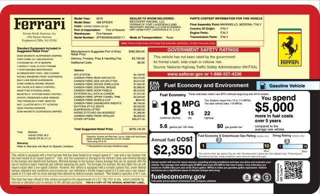 2018 Ferrari 488 Spider ($378,144 MSRP) *$93,494 IN FACTORY OPTIONS!!* *ONLY 4400 MILES* San Diego CA