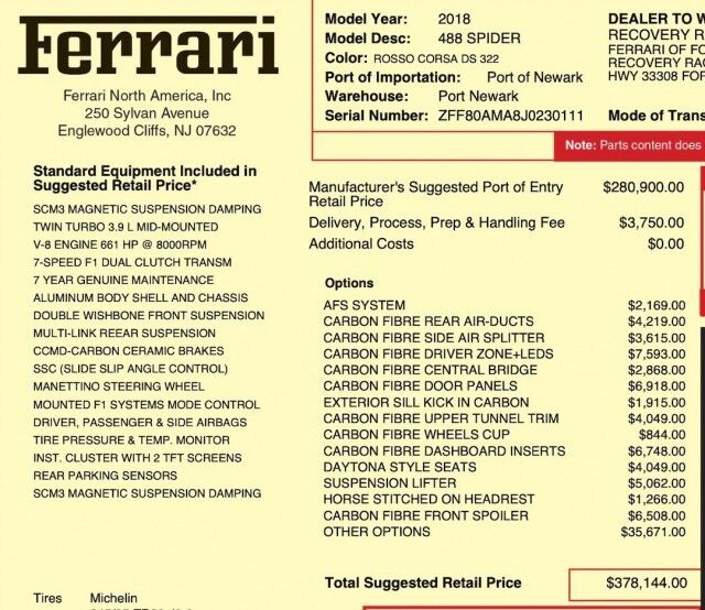 2018 Ferrari 488 Spider ($378,144 MSRP) *$93,494 IN FACTORY OPTIONS!!* *ONLY 4400 MILES* San Diego CA