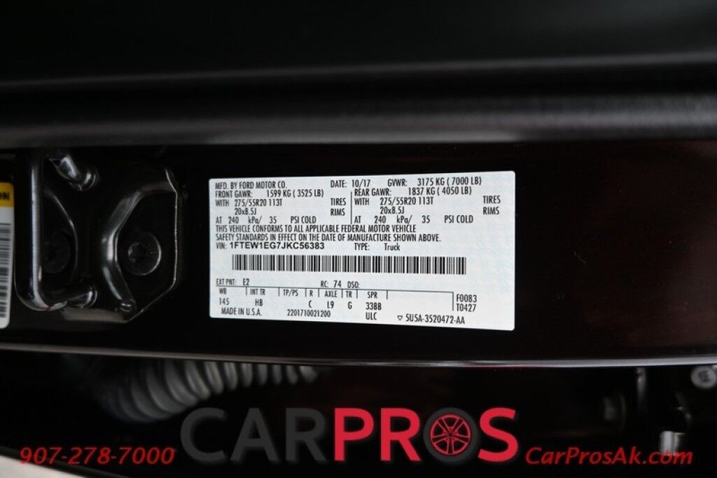 2018 Ford F-150 Lariat - 4X4 - Crew Cab - FX4 Off Road Pkg - Chrome Appearance Pkg - Heated & Cooled Leather Seats - Remote Start - Twin Panel Moonroof - Navigation - Max Trailer Tow Pkg - 1 Owner Anchorage AK