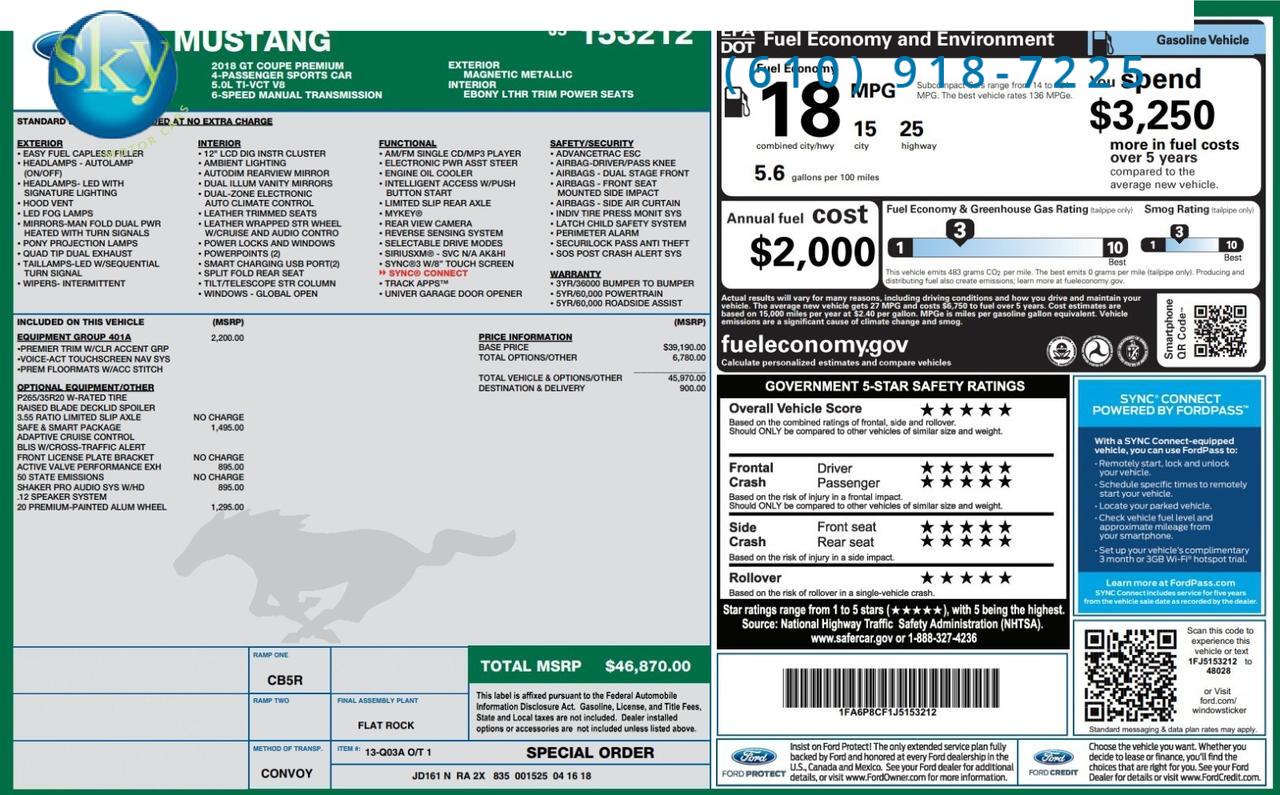 2018 Ford Mustang GT Premium 6 Speed Manual + Matte Wrap