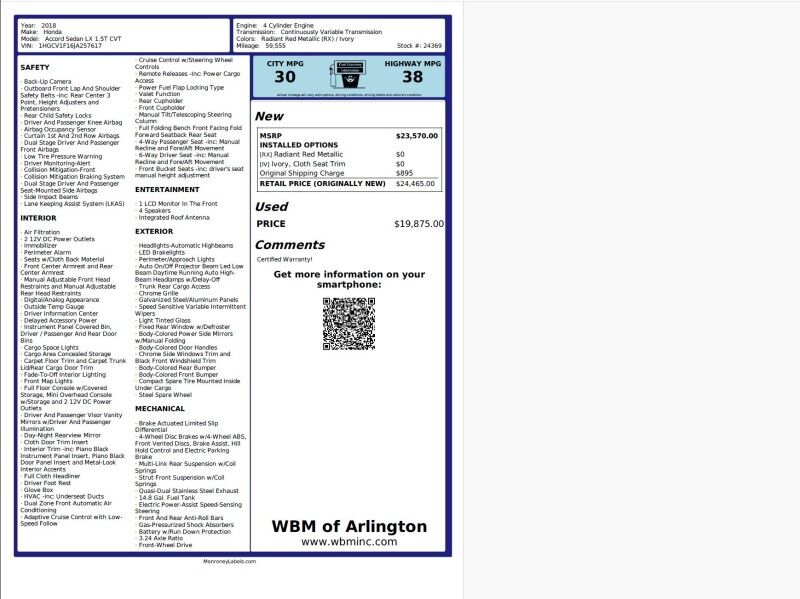 2018 Honda Accord 1.5T LX FWD Arlington VA