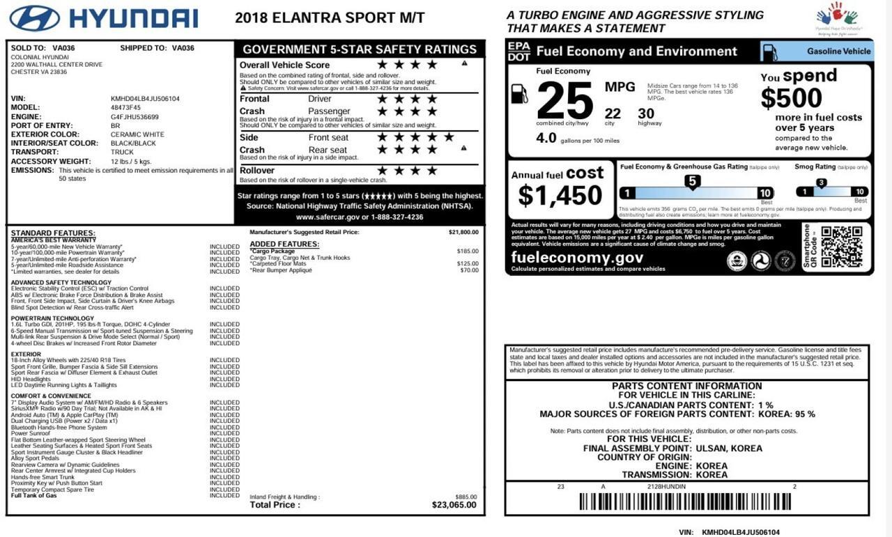 2018 Hyundai Elantra Sport RARE 6-SPEED MANUAL