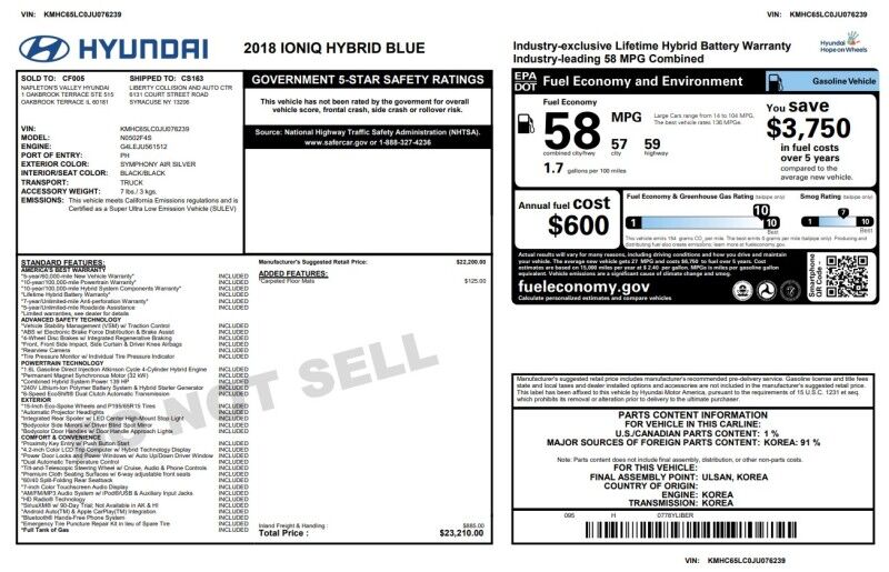 2018 Hyundai Ioniq Hybrid Blue - AMAZING GAS MILEAGE Webster MA