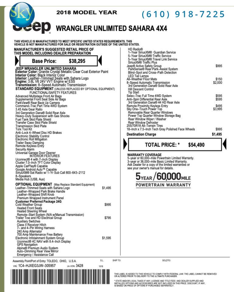 2018 Jeep Wrangler Unlimited Sahara SKY ONE-TOUCH POWER TOP