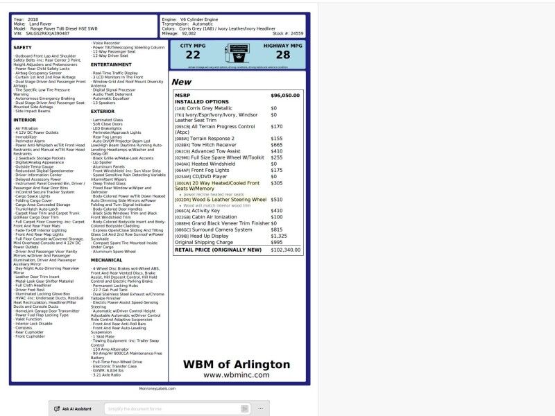 2018 Land Rover Range Rover Td6 Diesel HSE SWB Arlington VA