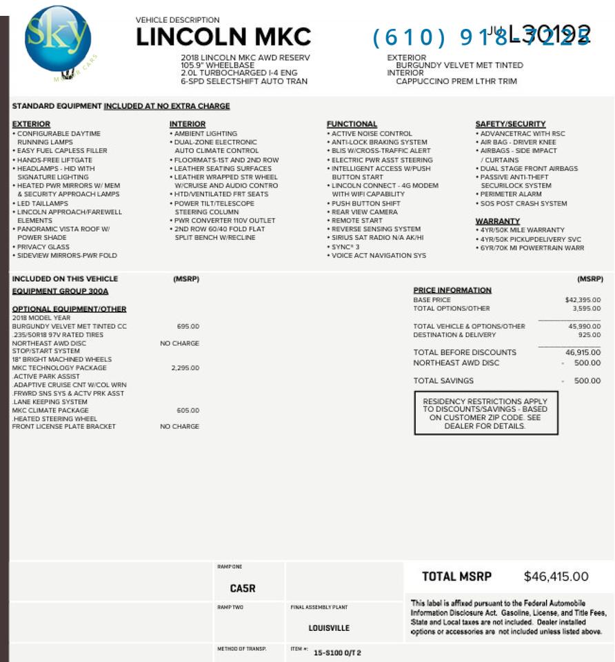 2018 Lincoln MKC Reserve AWD Turbo West Chester PA