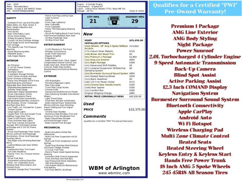 2018 Mercedes-Benz E-Class E 300 4MATIC Sedan AWD w/ AMG Line