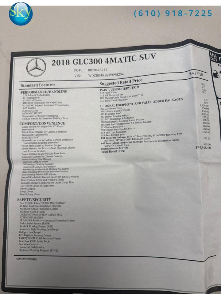 2018 Mercedes-Benz GLC 300 4MATIC AWD 1- Owner West Chester PA