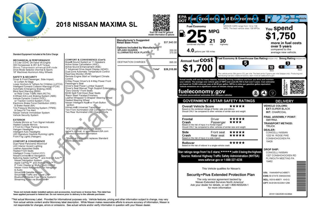 2018 Nissan Maxima SL 3.5L V6 1-Owner West Chester PA