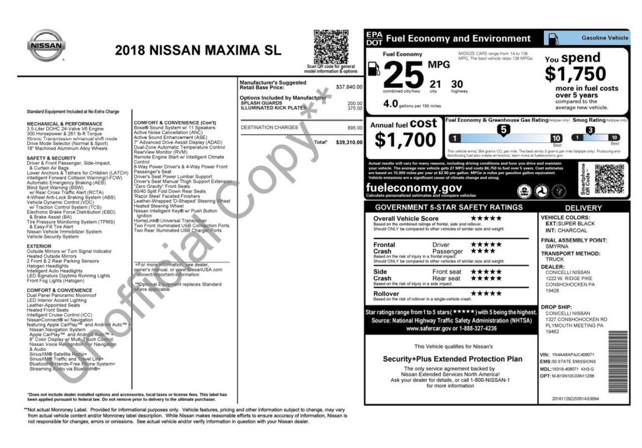 2018 Nissan Maxima SL 3.5L V6 1-Owner West Chester PA