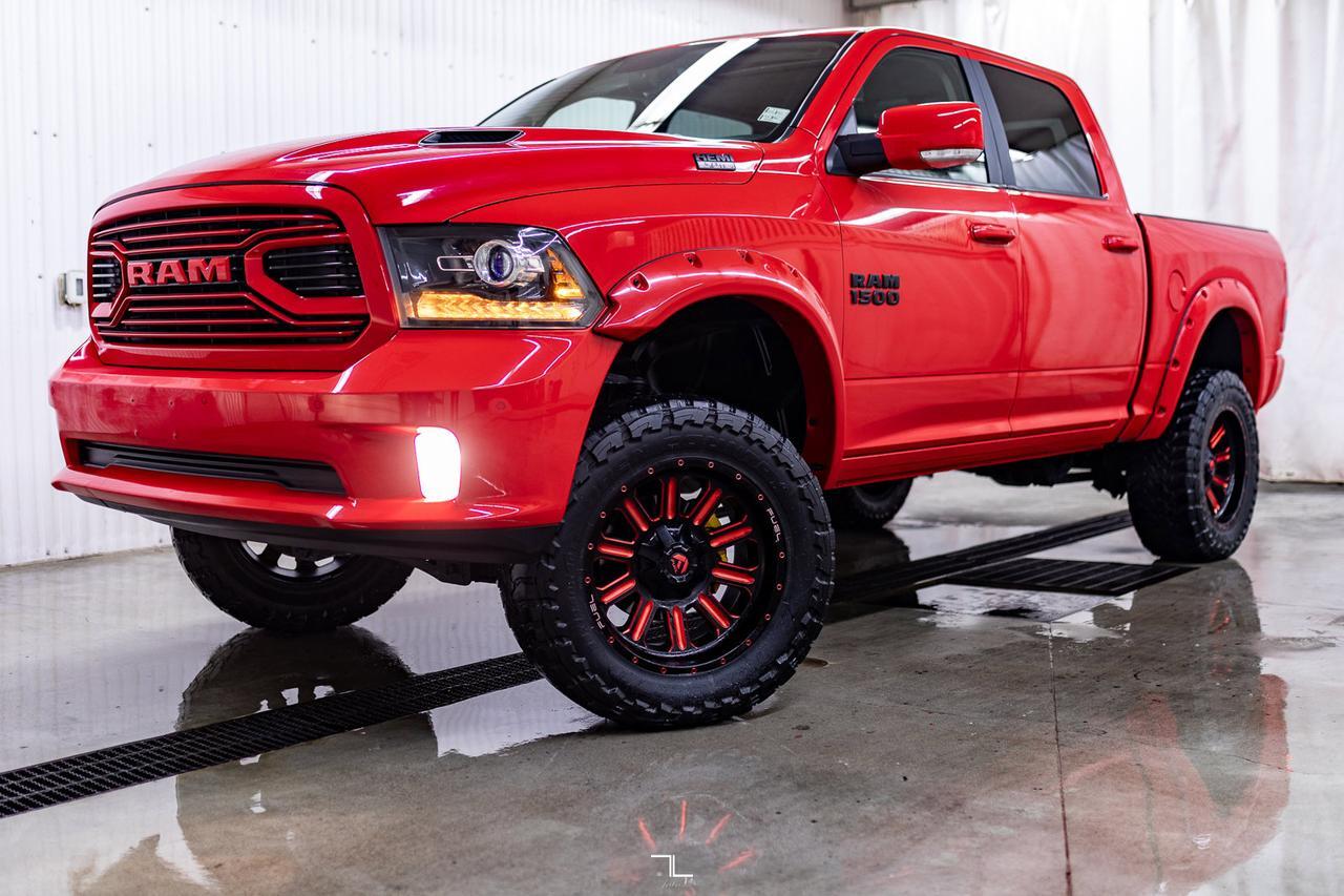 2018 Ram 1500 4x4 Crew Cab Sport 4" Lift Leather Roof Nav Red Deer AB
