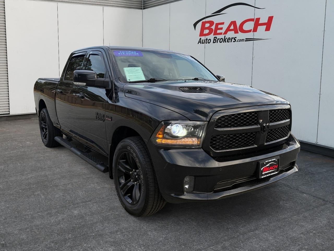 2018 Ram 1500 Night, APPLE CARPLAY/ANDROID AUTO, REAR POWER SLIDING WINDOW, HEATED STEERING WHEEL, HEATED SEATS, UNIVERSAL GARAGE DOOR OPENER, POWER AND HEATED MIRRORS, COME AND TEST DRIVE THIS RAM 1500 TODAY!