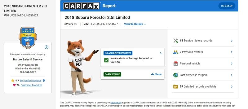 2018 Subaru Forester Limited - SHIPPED IN FROM THE SOUTH Webster MA