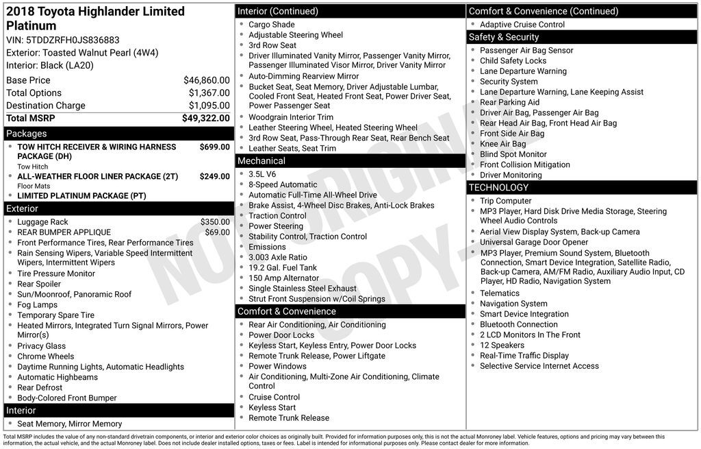 2018 Toyota Highlander Limited Platinum OR