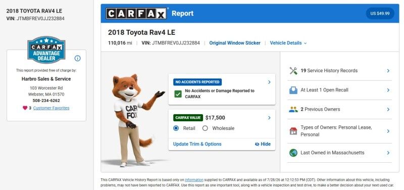 2018 Toyota RAV4 LE - EXCELLENT SERVICE HISTORY Webster MA
