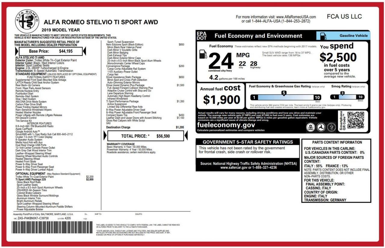 2019 Alfa Romeo Stelvio AWD Ti Sport 1-Owner