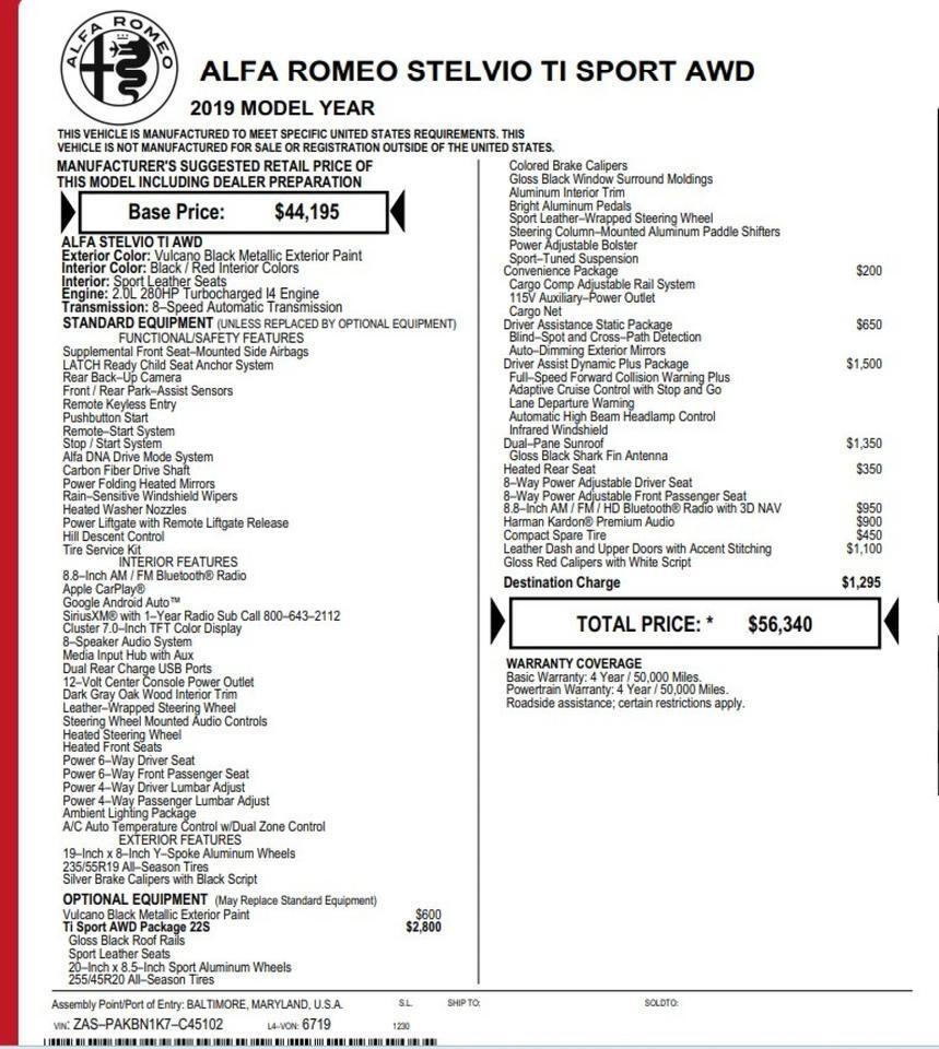 2019 Alfa Romeo Stelvio AWD Ti Sport 1-Owner