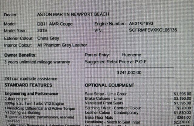 2019 Aston Martin DB11 AMR Coupe ($265,506 MSRP!) *CHINA GREY* *LOTS OF CARBON* San Diego CA