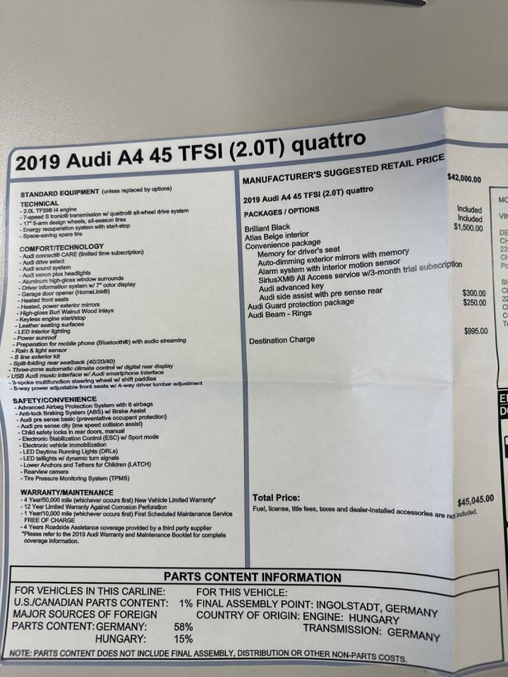 2019 Audi A4 Quattro Premium AWD