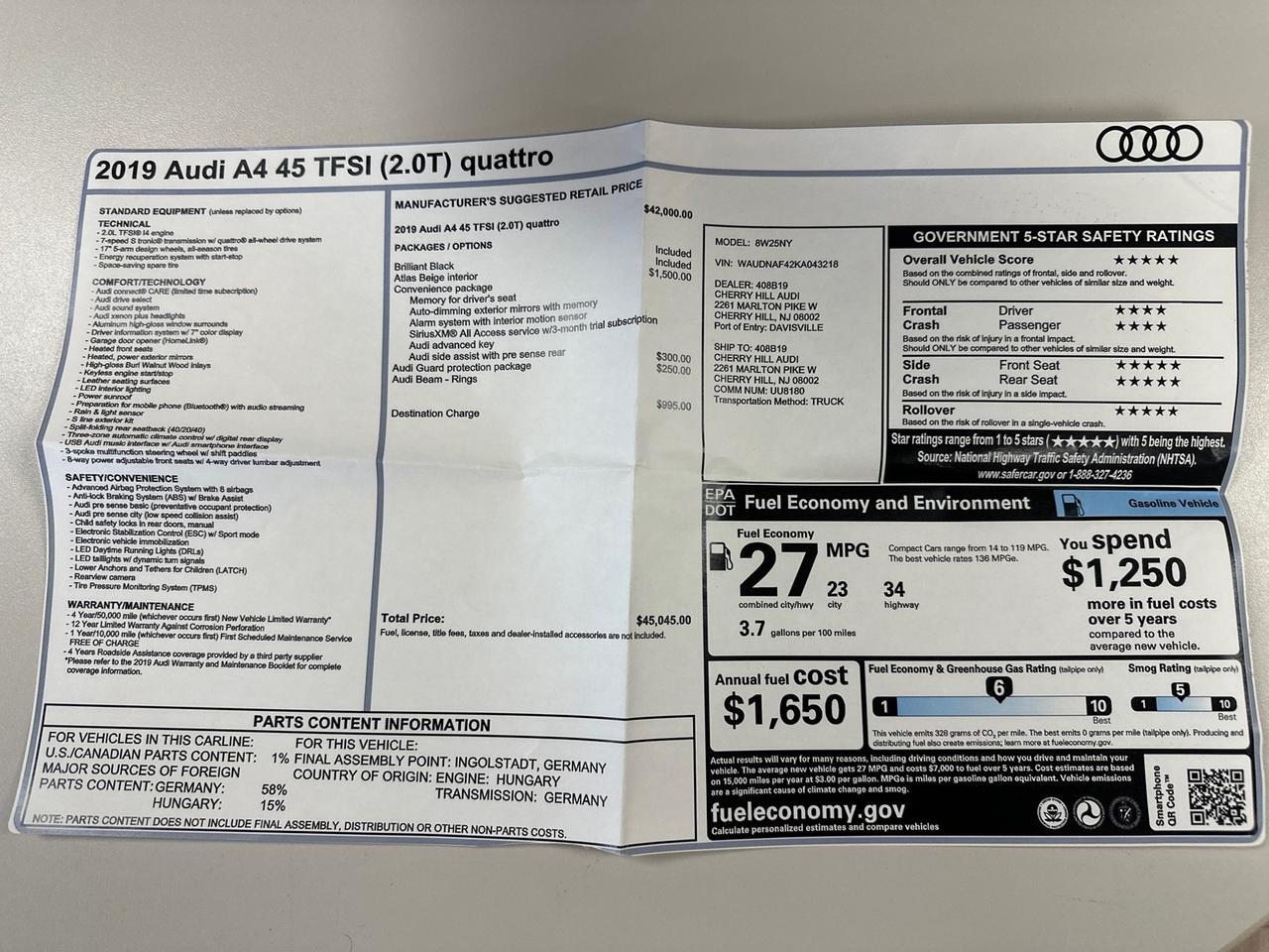 2019 Audi A4 Quattro Premium AWD