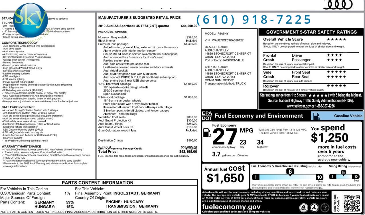 2019 Audi A5 Sportback Quattro AWD Premium Plus West Chester PA