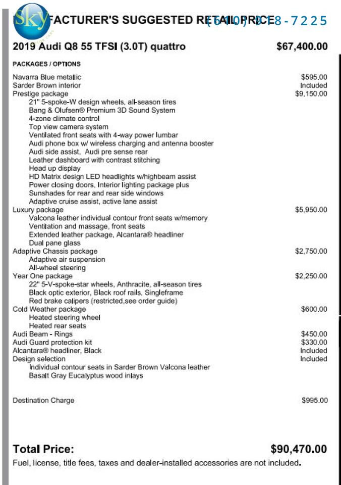 2019 Audi Q8 Quattro AWD Prestige $90,470 MSRP West Chester PA