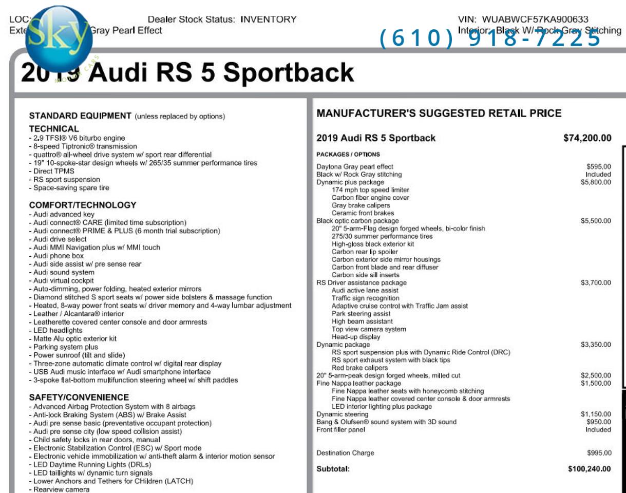 2019 Audi RS 5 Sportback Quatto AWD Dynamic + Driver Assist pckgs