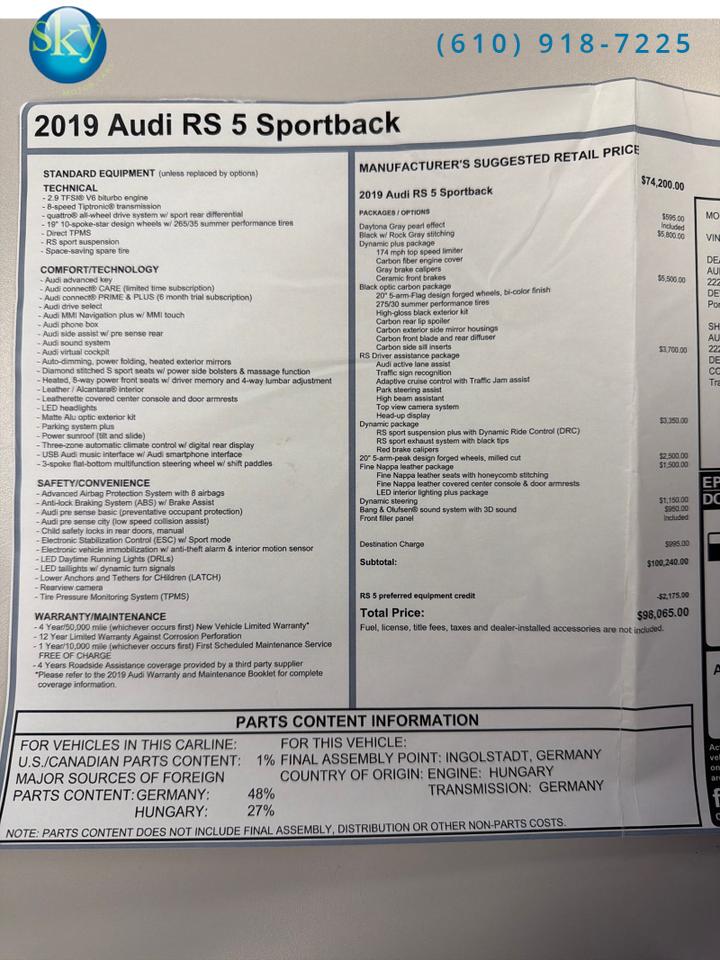 2019 Audi RS 5 Sportback Quattro AWD $98K MSRP
