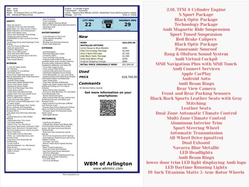 2019 Audi S3 Premium Plus AWD/4WD w/ S Sport Package and Technology Package