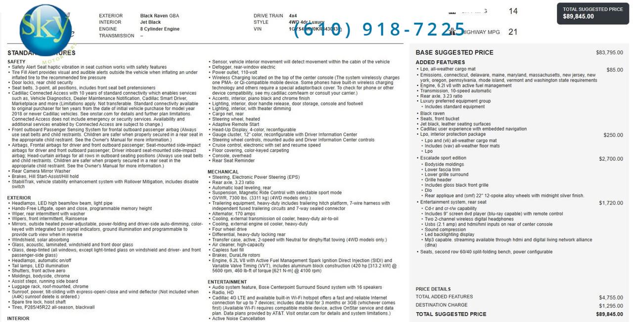 2019 Cadillac Escalade 4WD Luxury Sport Edition + Entertainment