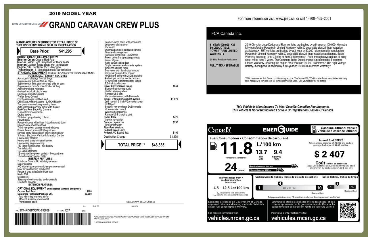 2019 Dodge Grand Caravan Crew Plus Leather Nav DVD BCam Red Deer AB