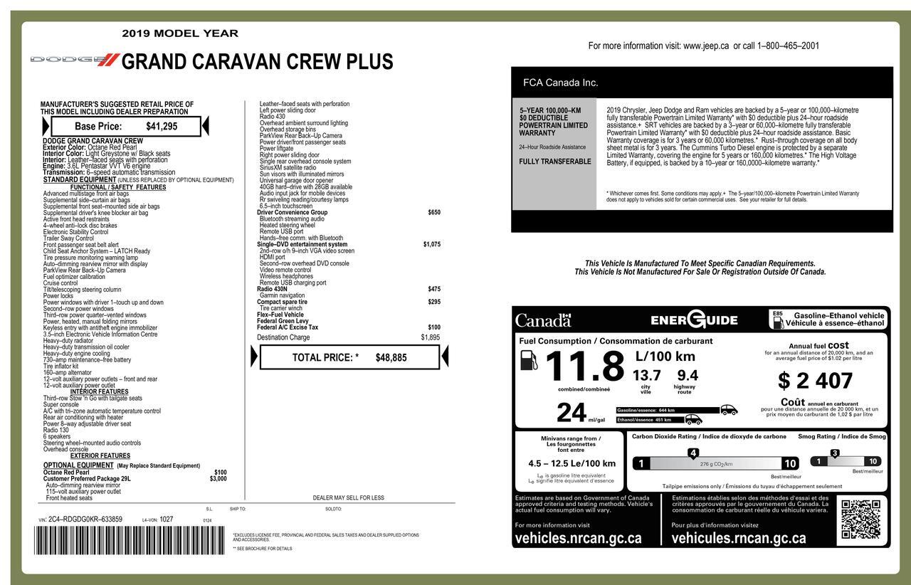 2019 Dodge Grand Caravan Crew Plus Leather Nav DVD BCam Red Deer AB