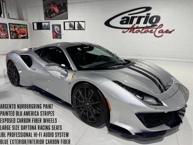2019 Ferrari 488 Pista Argento Nurburgring paint, painted stripes, carbon wheels, JBL audio, front lifter AND MUCH MORE!!