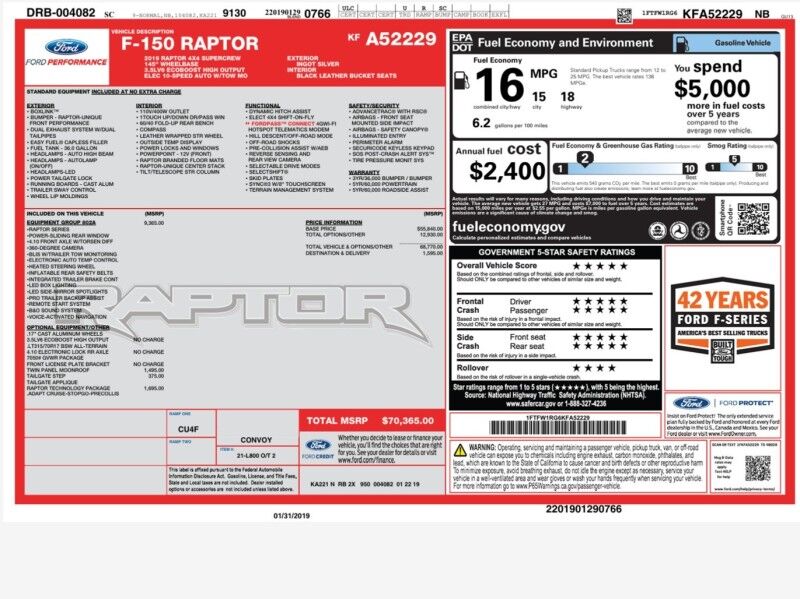 2019 Ford F-150 Raptor SuperCrew 4WD w/ Equipment Group 802A Luxury