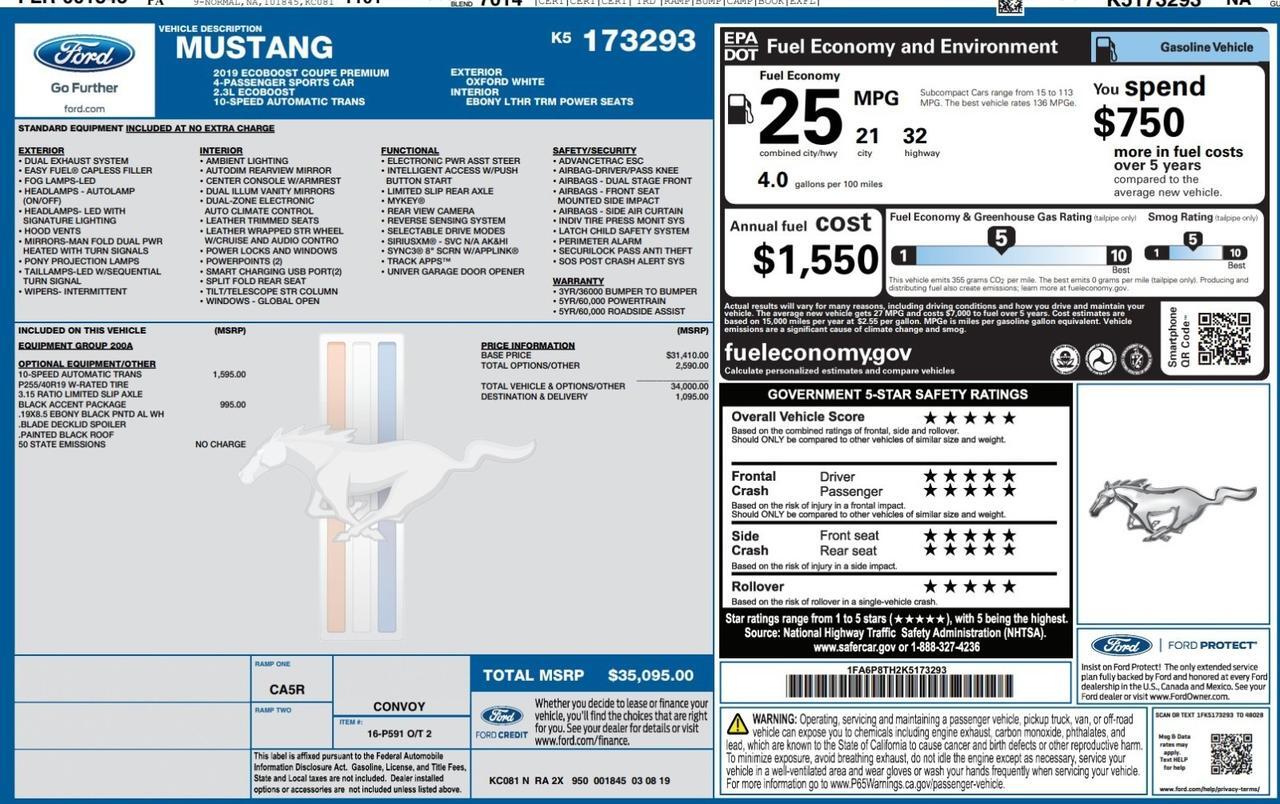 2019 Ford Mustang EcoBoost Premium Coupe 1-Owner