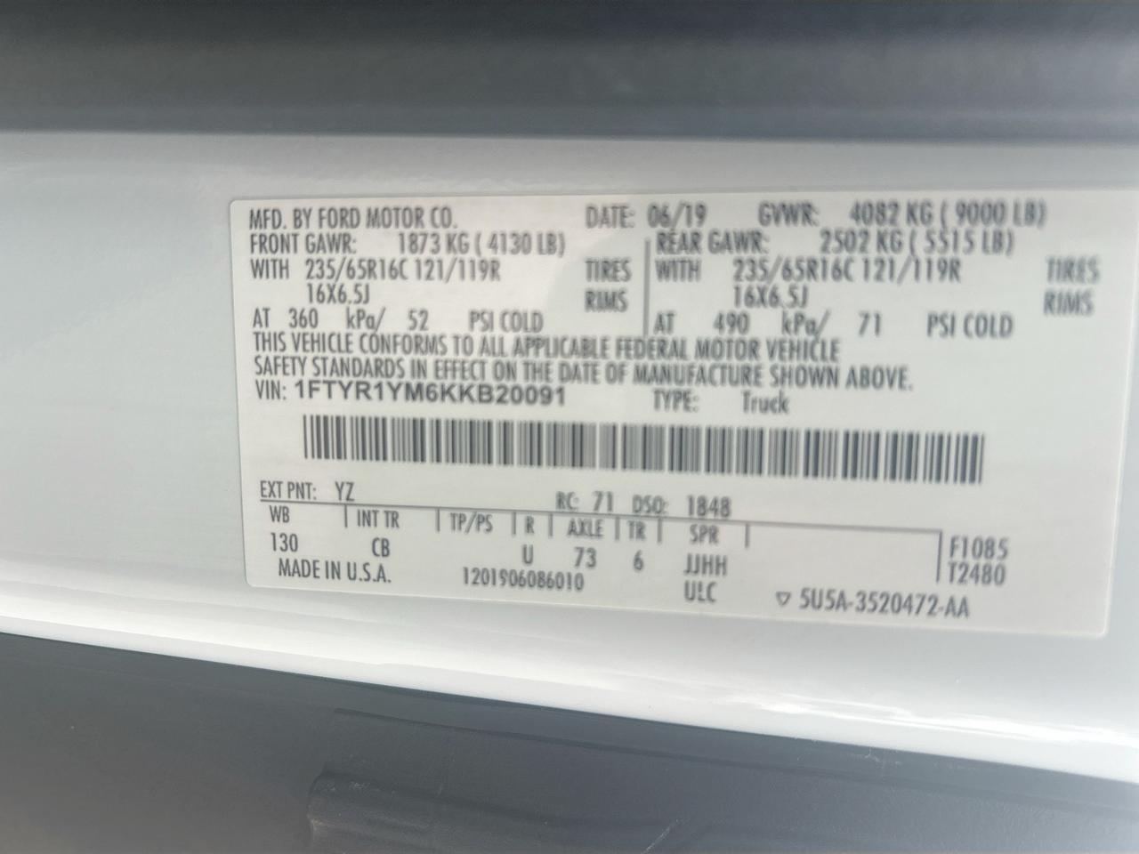 2019 Ford Transit Van T-250 Low Rf 9000 GVWR Sliding RH Dr Venice FL