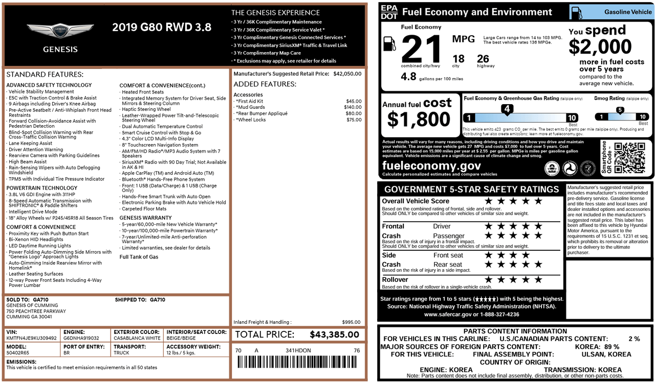 2019 Genesis G80 3.8L Knoxville TN