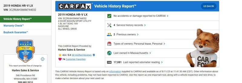 2019 Honda HR-V LX - 1 OWNER - LITTLE OLD COUPLE CAR Webster MA