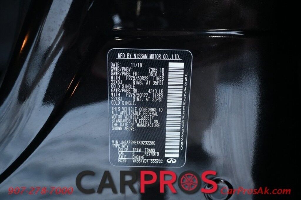 2019 INFINITI QX80 LUXE - All Wheel Drive - 5.6L V8 - Front & Rear Heated Leather Seats - Remote Start - 3rd Row - Seats 7 - Navigation - Backup Camera - Bose Sound System - Bluetooth - Rear Entertainment - 1 Owner Anchorage AK