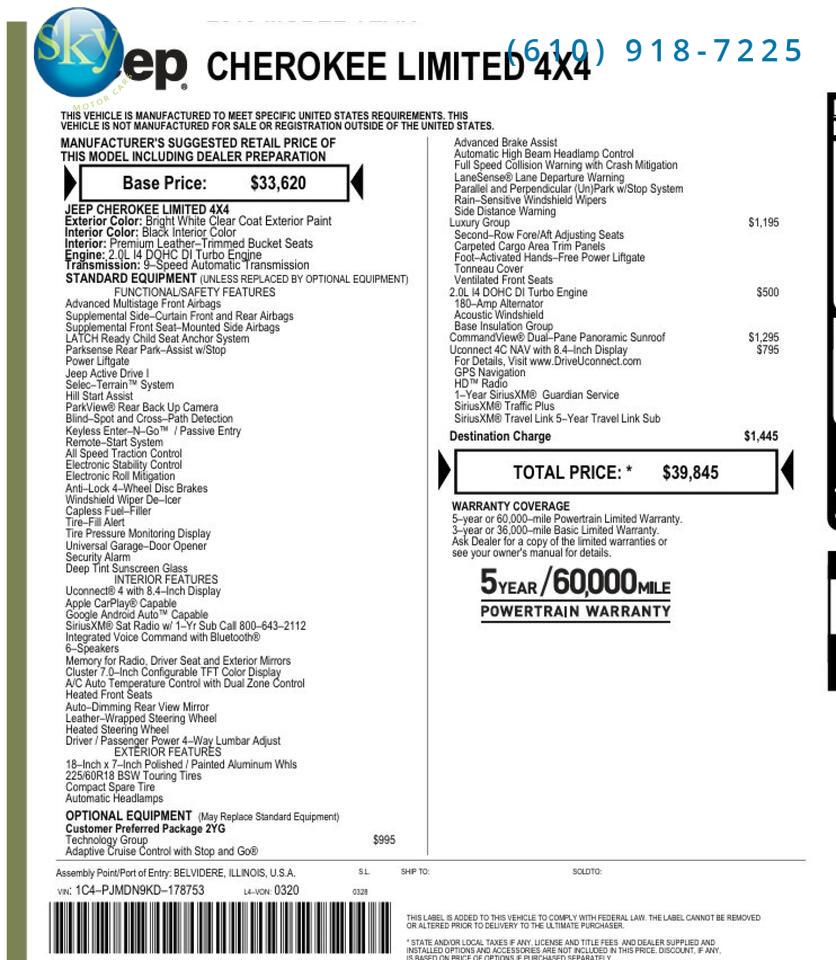 2019 Jeep Cherokee 4WD Limited Adaptive Cruise Control West Chester PA