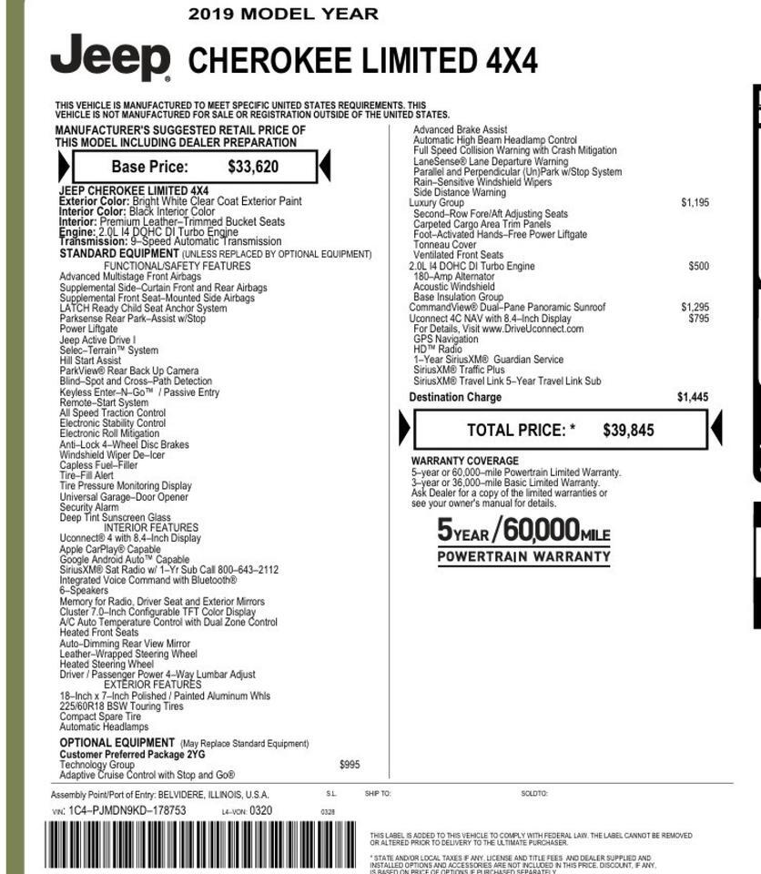 2019 Jeep Cherokee 4WD Limited Adaptive Cruise Control