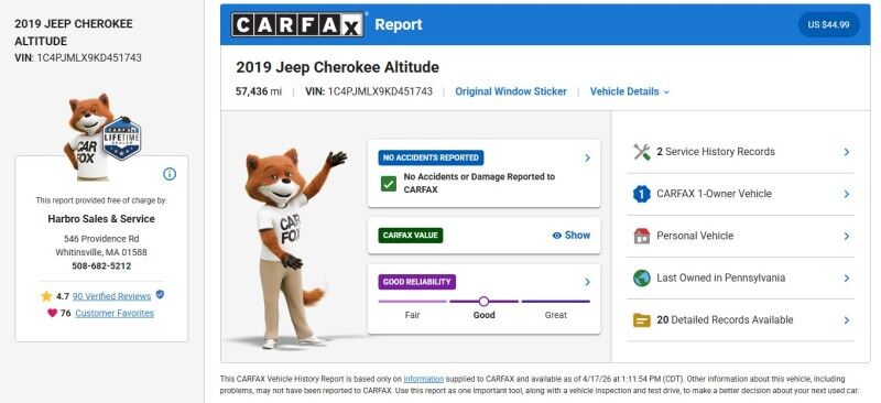 2019 Jeep Cherokee Altitude - 1 OWNER - V6 - SUNROOF Whitinsville MA