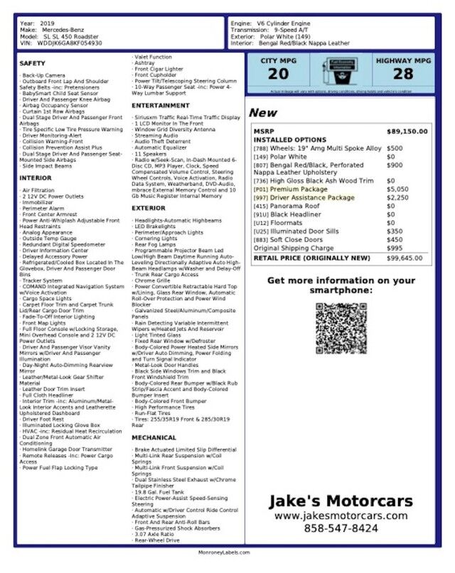 2019 Mercedes-Benz SL 450 Convertible *ONLY 15,000 MILES* *PANO ROOF* *PREM PKG *DRIVER ASSIST PKG* *WHITE ON RED* San Diego CA