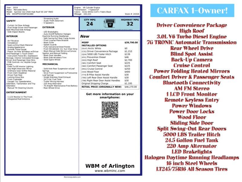 2019 Mercedes-Benz Sprinter Cargo 2500 170 High Roof Cargo Van RWD Arlington VA