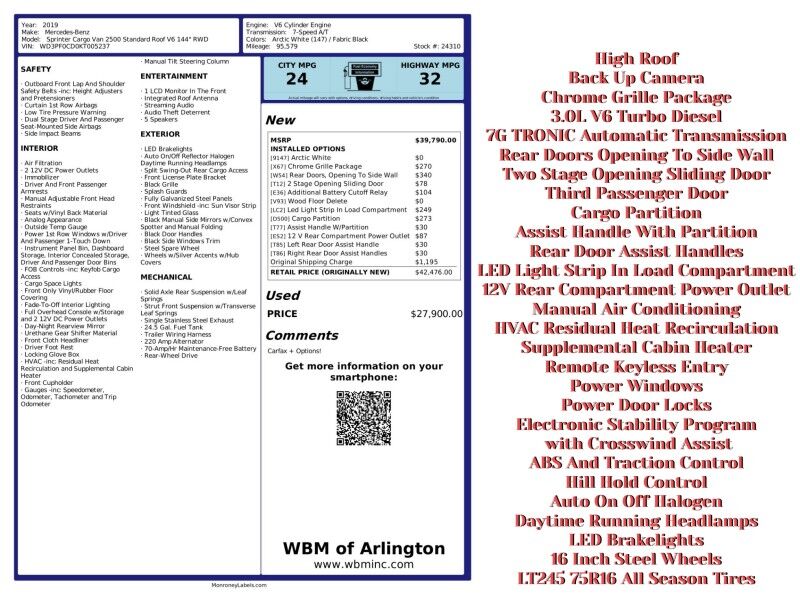 2019 Mercedes-Benz Sprinter Cargo Standard Roof V6 RWD Arlington VA