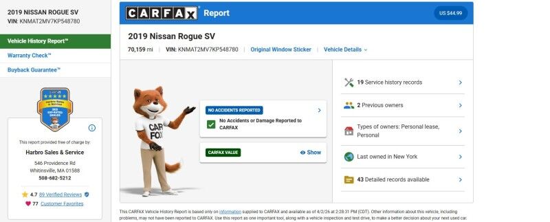 2019 Nissan Rogue SV - GREAT SERVICE HISTORY Whitinsville MA
